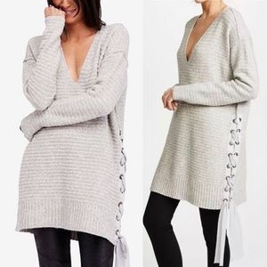 FREE PEOPLE Women Oversize Heart It Laces  Sweater Tunic Mini Dress Grey Small